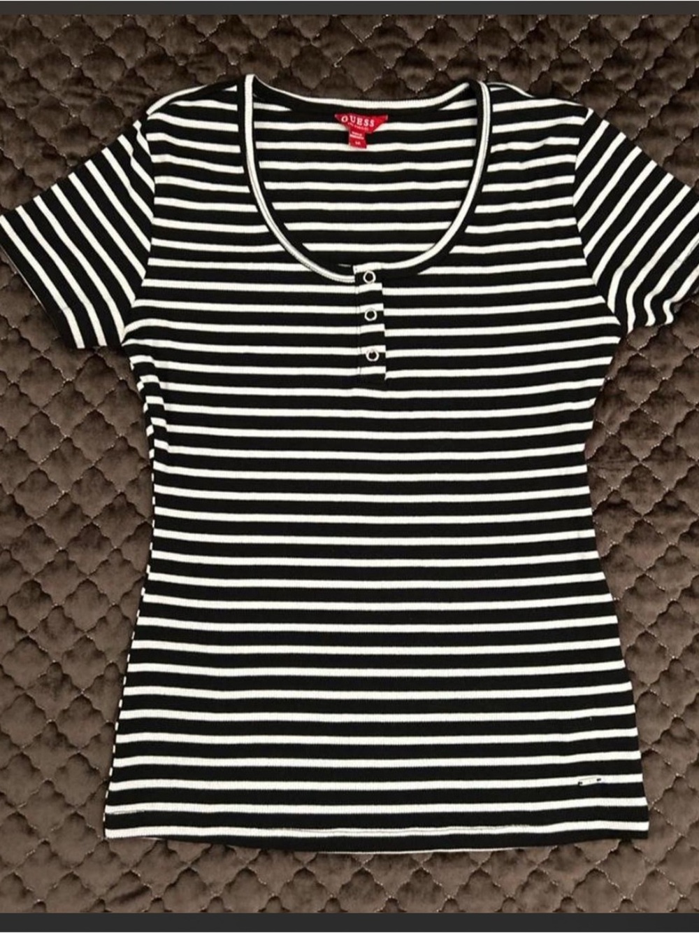 Guess Black and White Striped Henley Tee